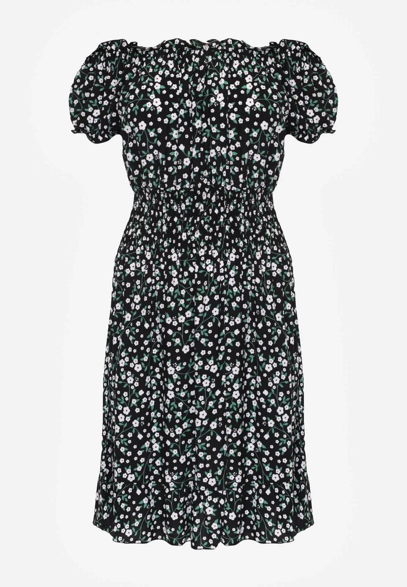 defox Rochie Neagră de Bumbac Stil Spaniolă cu Imprimeu Floral și Elastic Încrețit în Talie Rosaliya