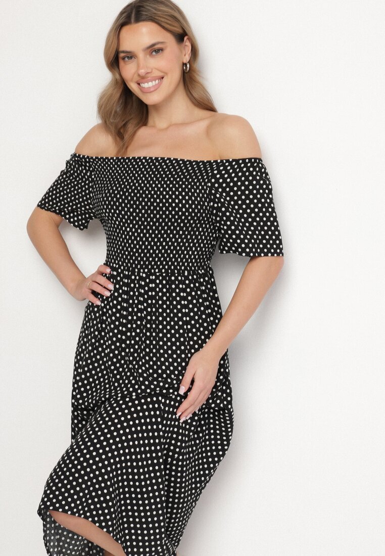 defox Rochie Neagră din Bumbac cu croi evazat cu buline Lisadrisa