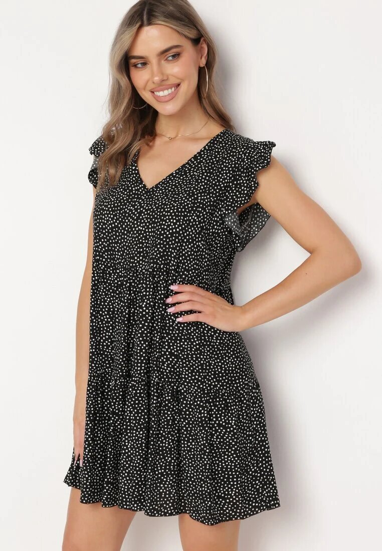 defox Rochie Neagră din Bumbac cu Croială Cloș cu Buline Giavina