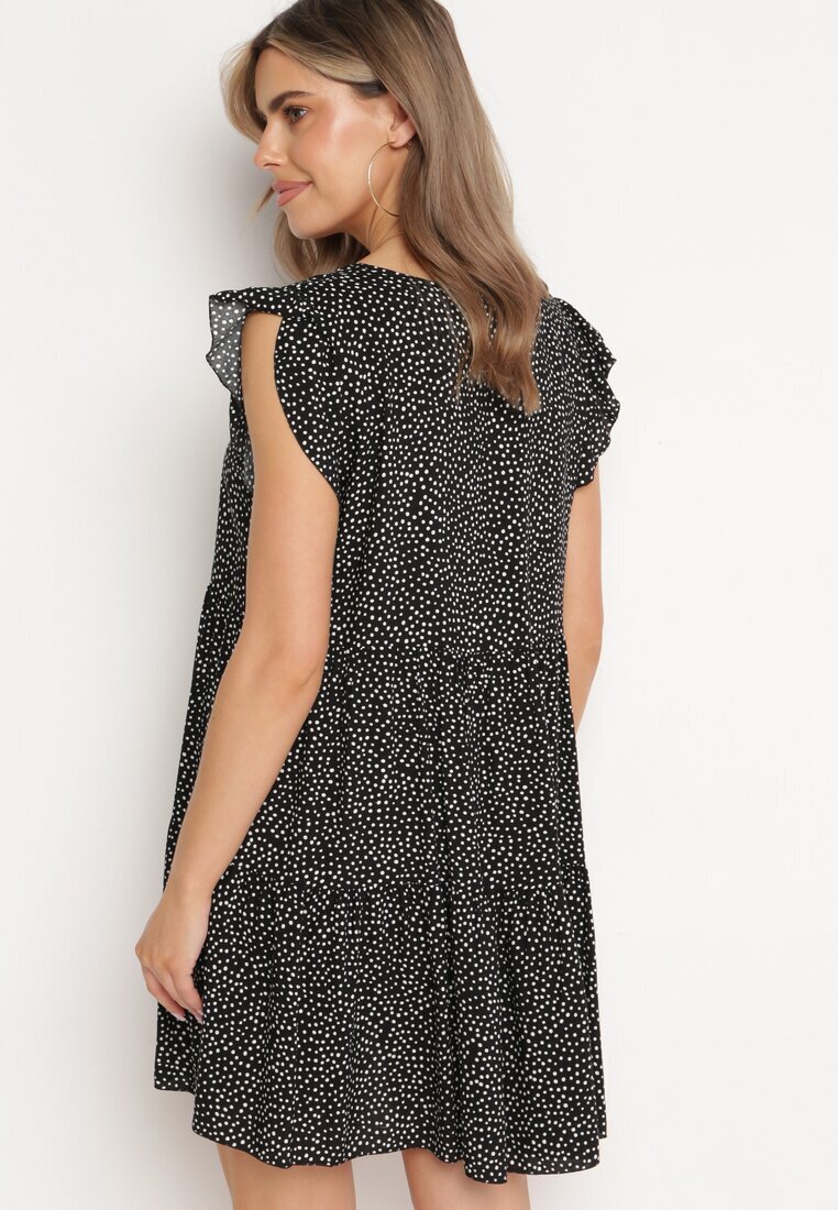 defox Rochie Neagră din Bumbac cu Croială Cloș cu Buline Giavina