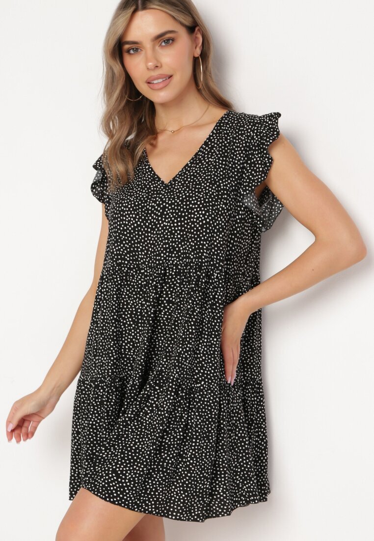 defox Rochie Neagră din Bumbac cu Croială Cloș cu Buline Giavina