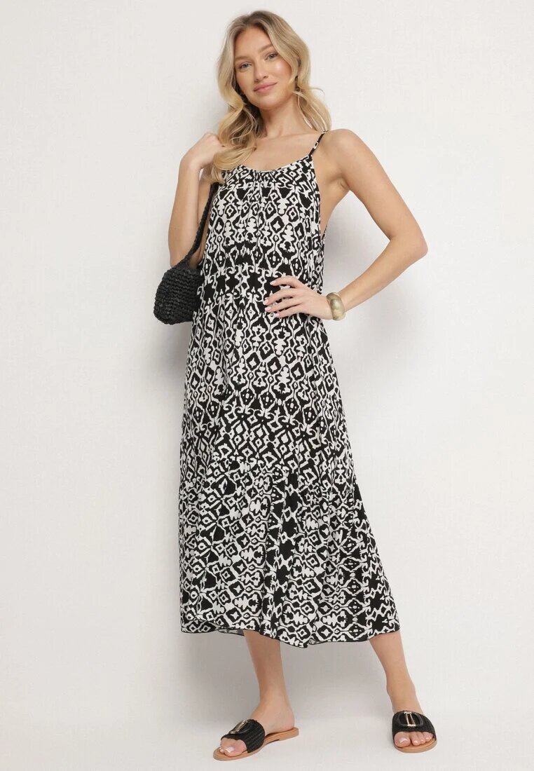 defox Rochie Neagră din Bumbac cu Motiv Geometric Koladiela