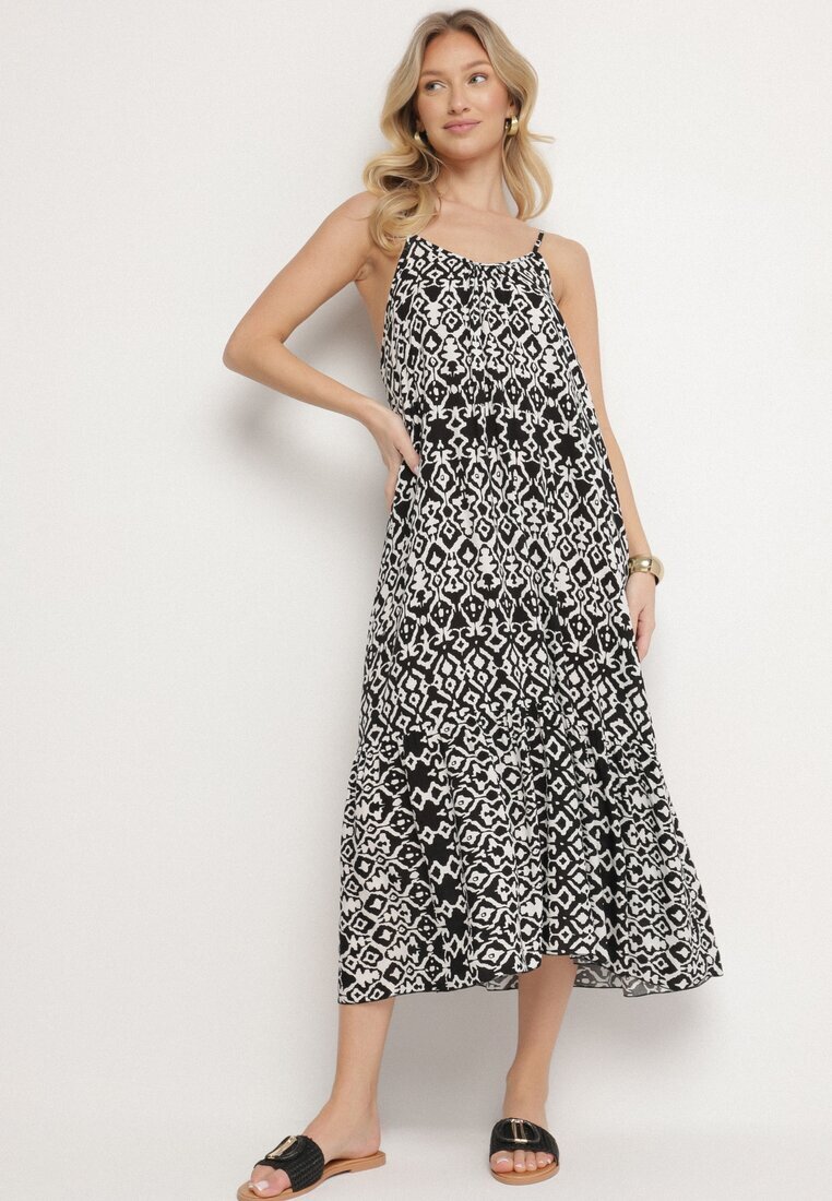 defox Rochie Neagră din Bumbac cu Motiv Geometric Koladiela