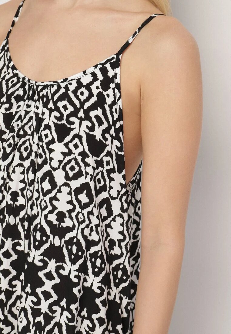 defox Rochie Neagră din Bumbac cu Motiv Geometric Koladiela