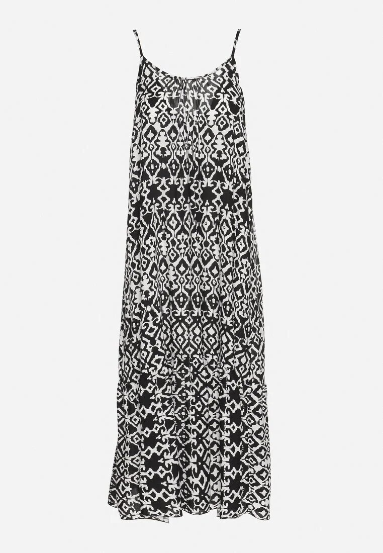 defox Rochie Neagră din Bumbac cu Motiv Geometric Koladiela