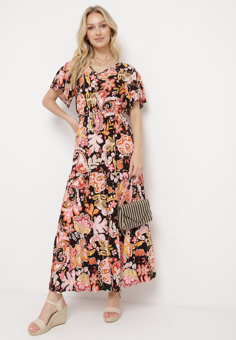 defox Rochie Neagră din Bumbac în stil boho cu bandă elastică în talie Morgaine