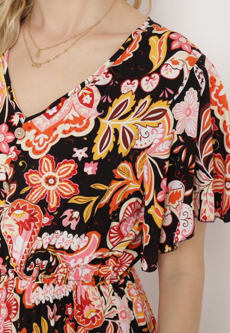 defox Rochie Neagră din Bumbac în stil boho cu bandă elastică în talie Morgaine