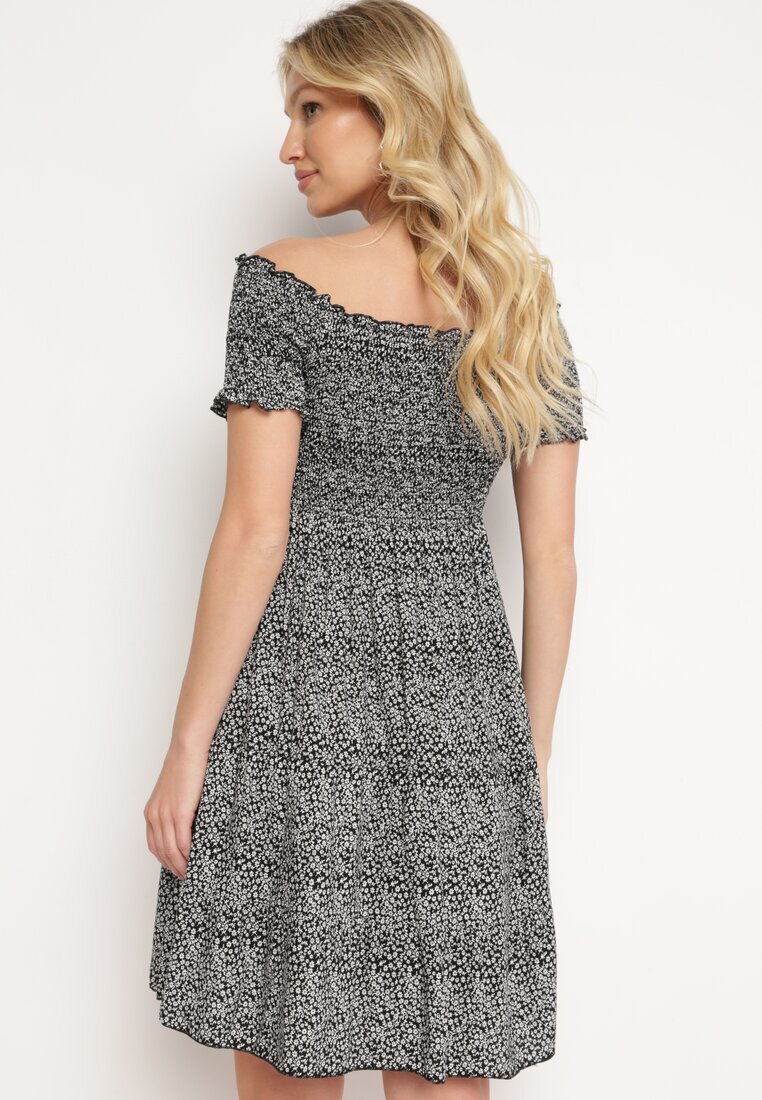 defox Rochie neagră din bumbac stil spaniol cu bust încrețit cu elastic și volan Herira