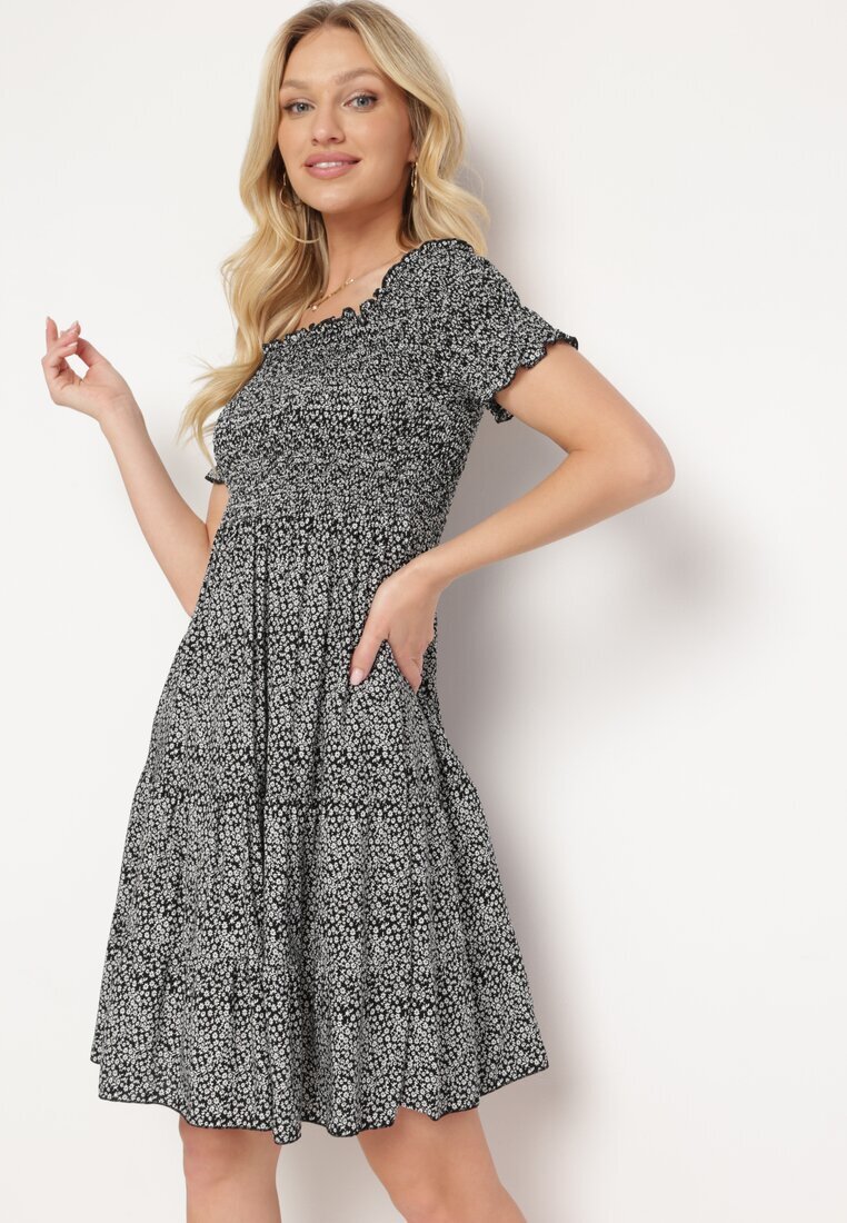 defox Rochie neagră din bumbac stil spaniol cu bust încrețit cu elastic și volan Herira