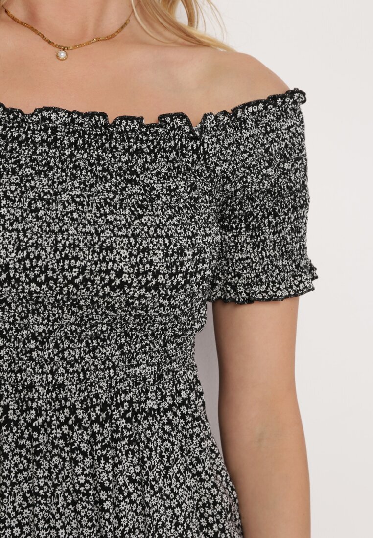 defox Rochie neagră din bumbac stil spaniol cu bust încrețit cu elastic și volan Herira
