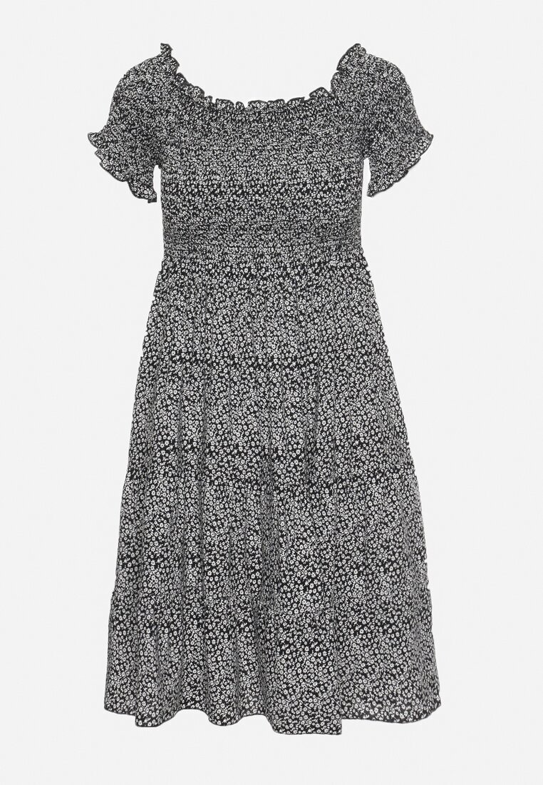 defox Rochie neagră din bumbac stil spaniol cu bust încrețit cu elastic și volan Herira