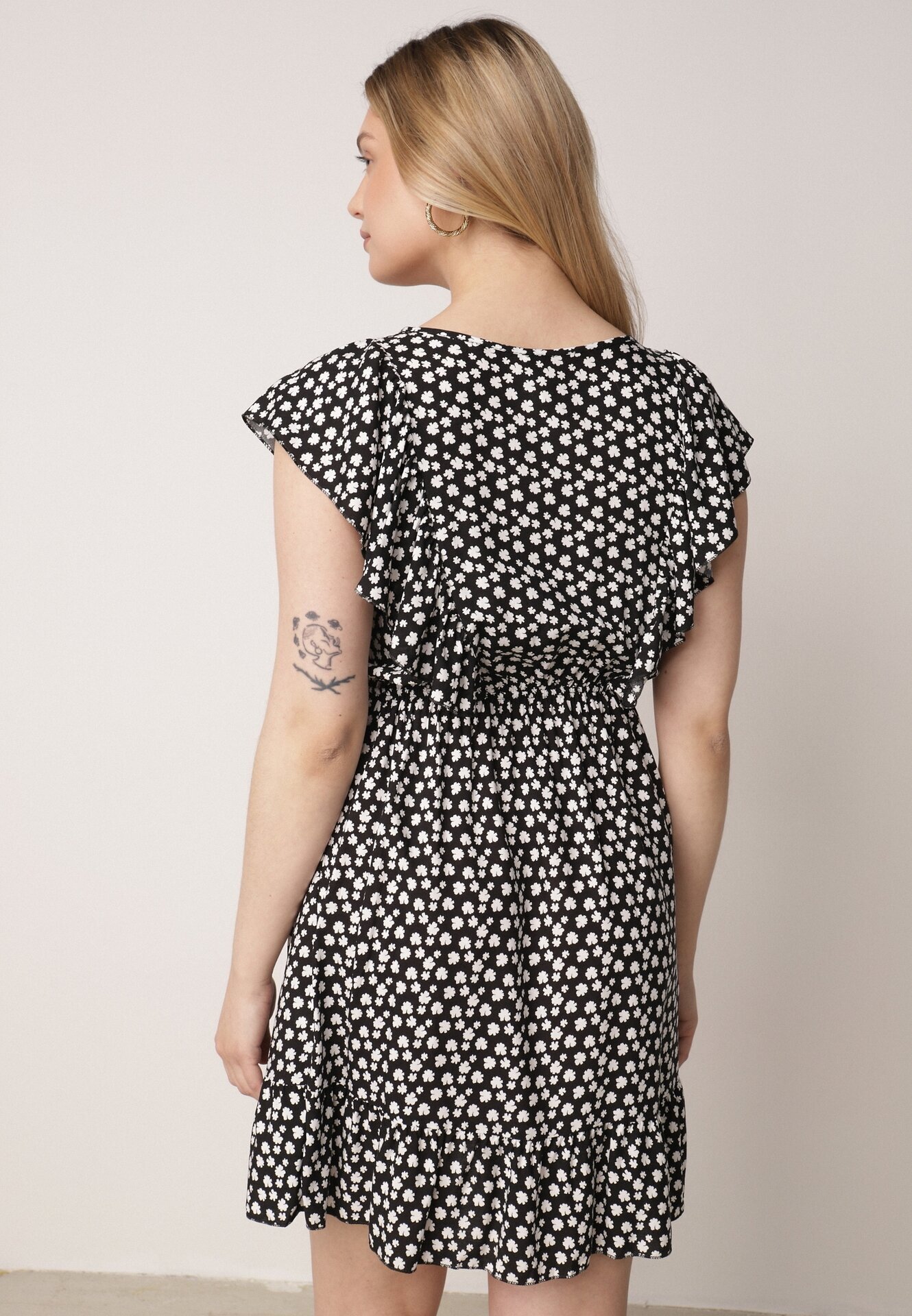 defox Rochie Neagră Evazată din Bumbac cu Imprimeu Floral cu Nasturi Ronelle
