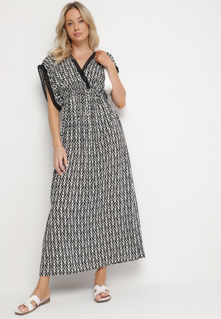 defox Rochie Negru-Alb din Bumbac Cloș cu Inserții de Dantelă Laniwena