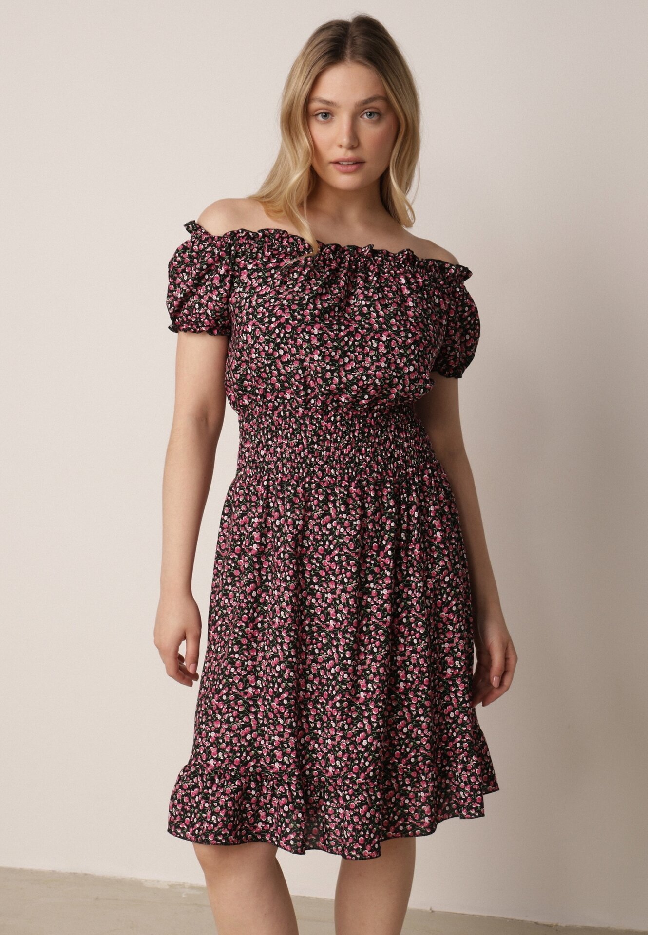 defox Rochie Negru-Roșie Spaniolă din Bumbac cu Elastic în Talie Viliana