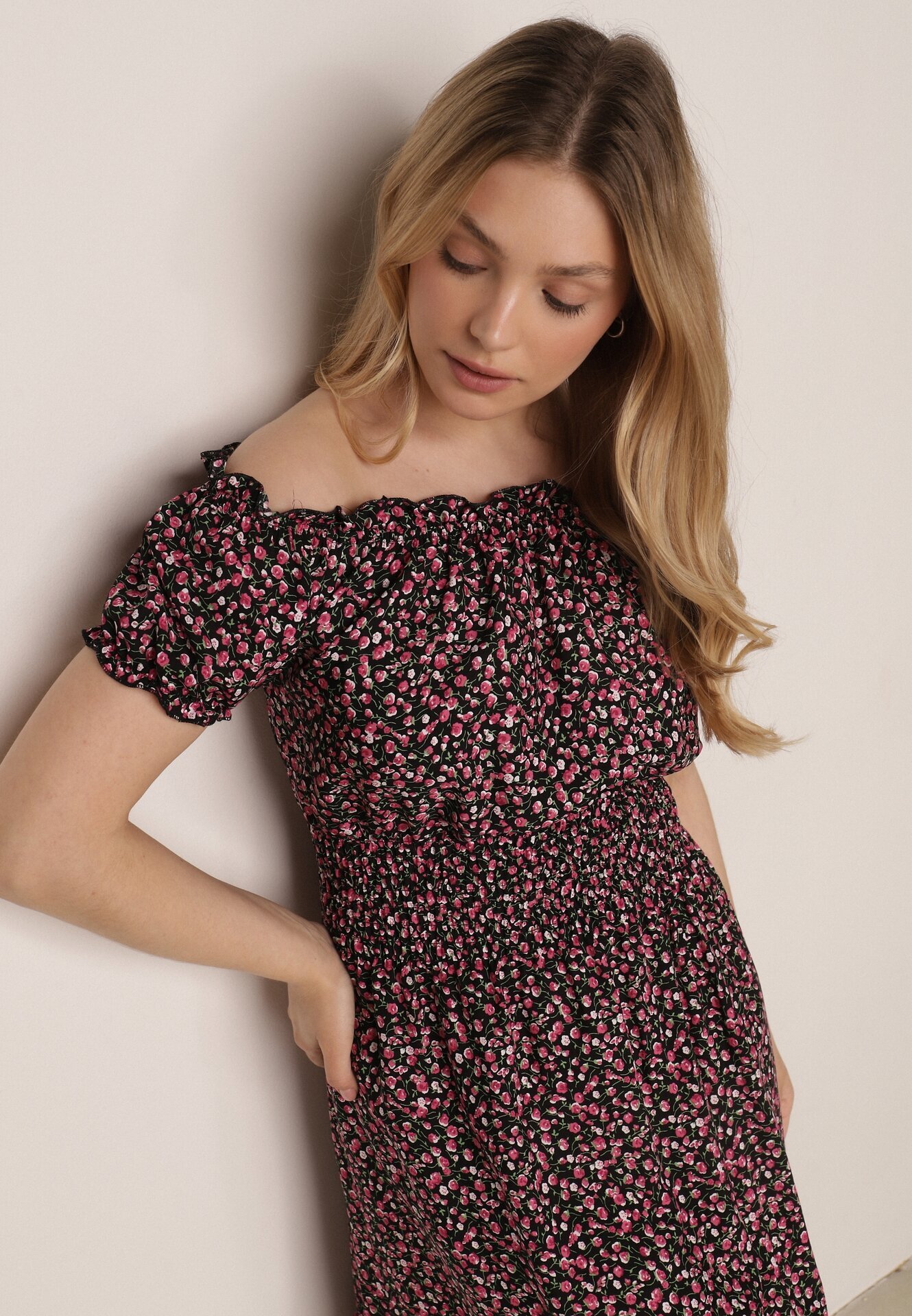 defox Rochie Negru-Roșie Spaniolă din Bumbac cu Elastic în Talie Viliana