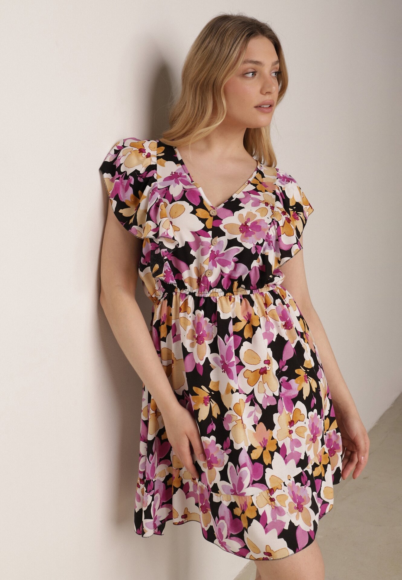 defox Rochie Negru-Roz Evazată din Bumbac cu Imprimeu Floral cu Elastic în Talie cu Volane Nelsara