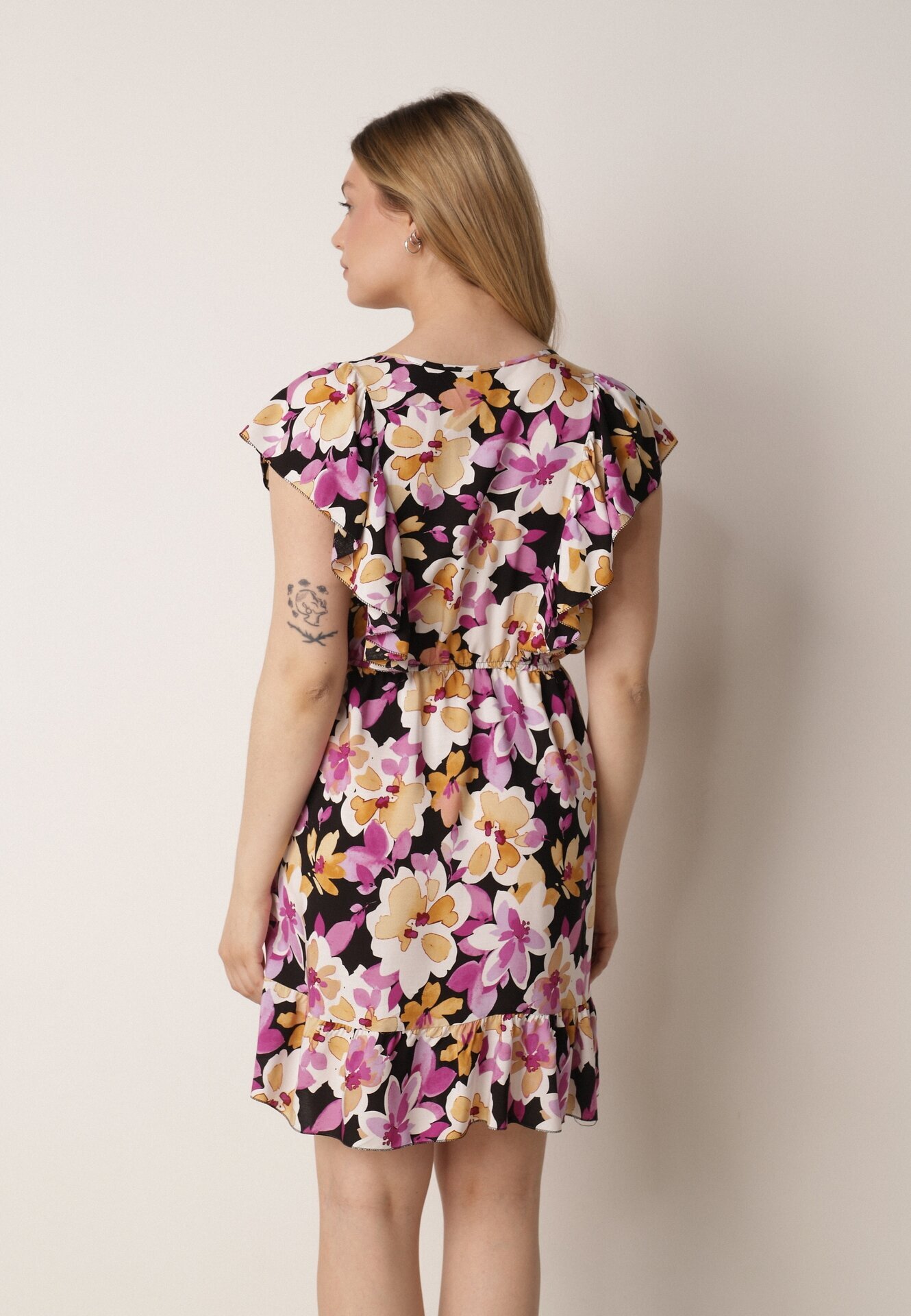 defox Rochie Negru-Roz Evazată din Bumbac cu Imprimeu Floral cu Elastic în Talie cu Volane Nelsara
