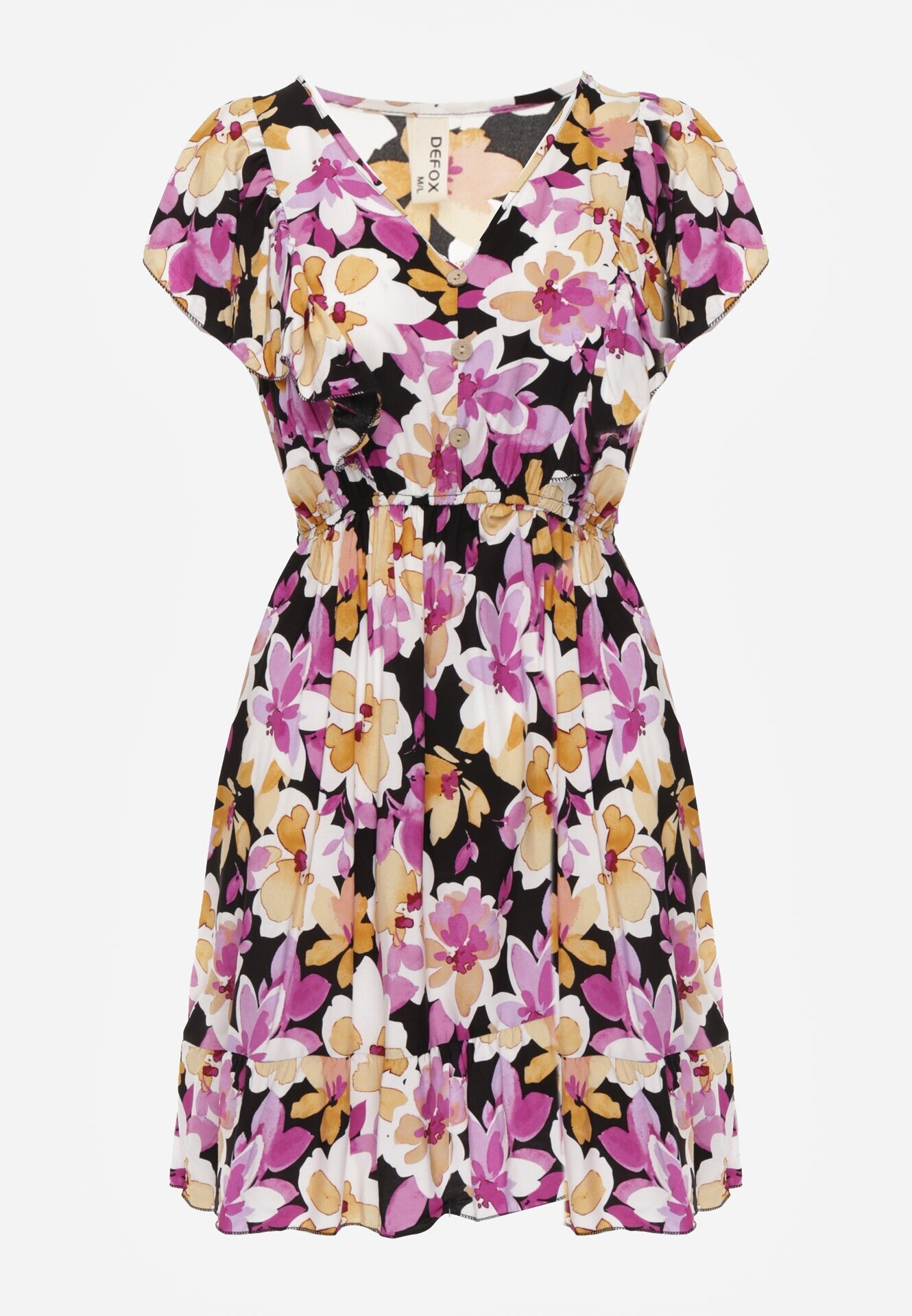 defox Rochie Negru-Roz Evazată din Bumbac cu Imprimeu Floral cu Elastic în Talie cu Volane Nelsara