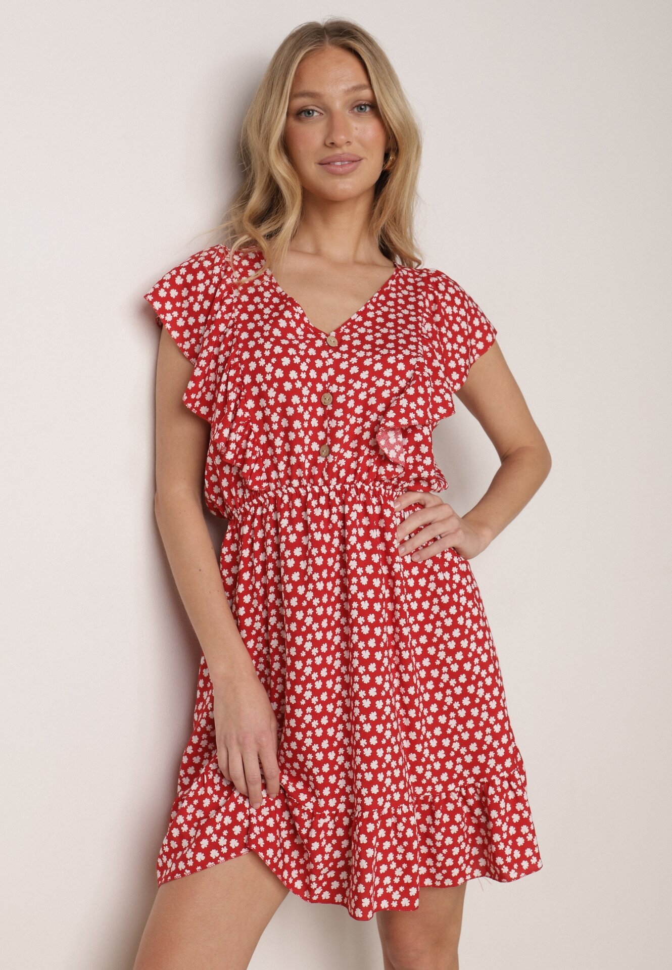 defox Rochie Roșie Cloș din Bumbac Florală cu nasturi Ronelle