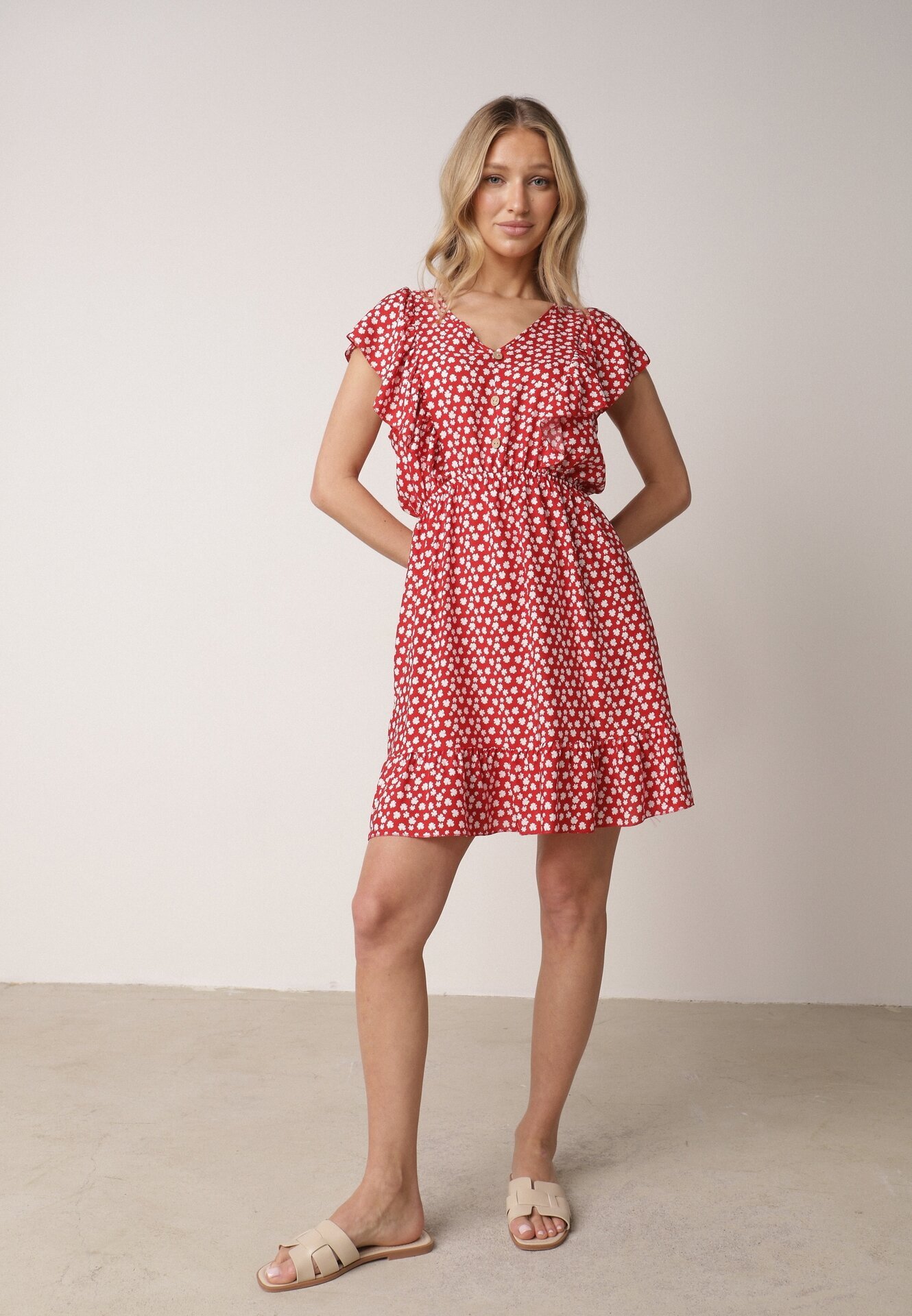 defox Rochie Roșie Cloș din Bumbac Florală cu nasturi Ronelle