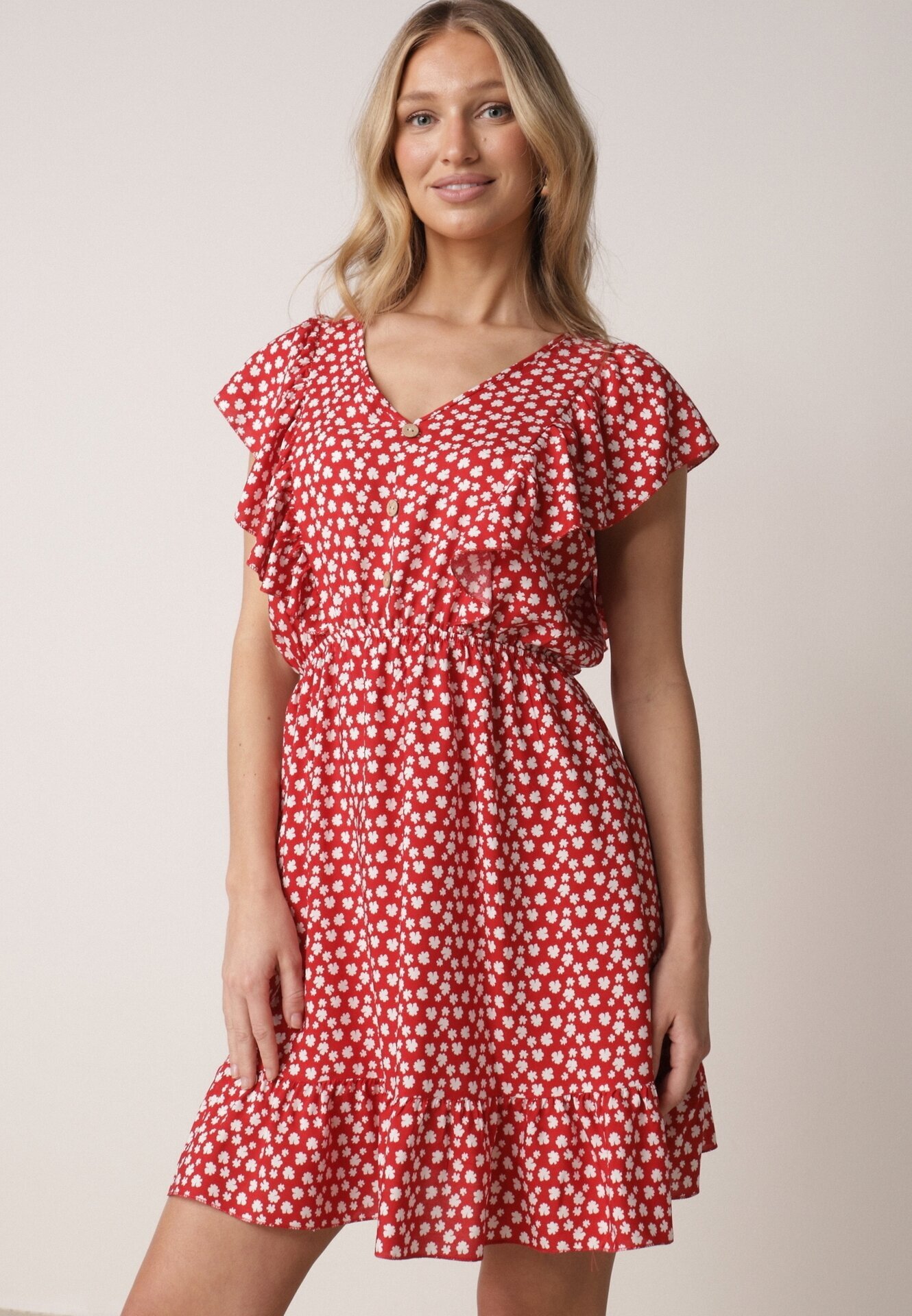 defox Rochie Roșie Cloș din Bumbac Florală cu nasturi Ronelle