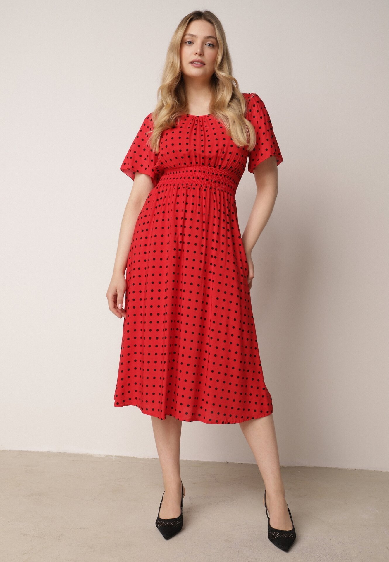 defox Rochie Roșie din Bumbac Cloche cu buline Toliennea