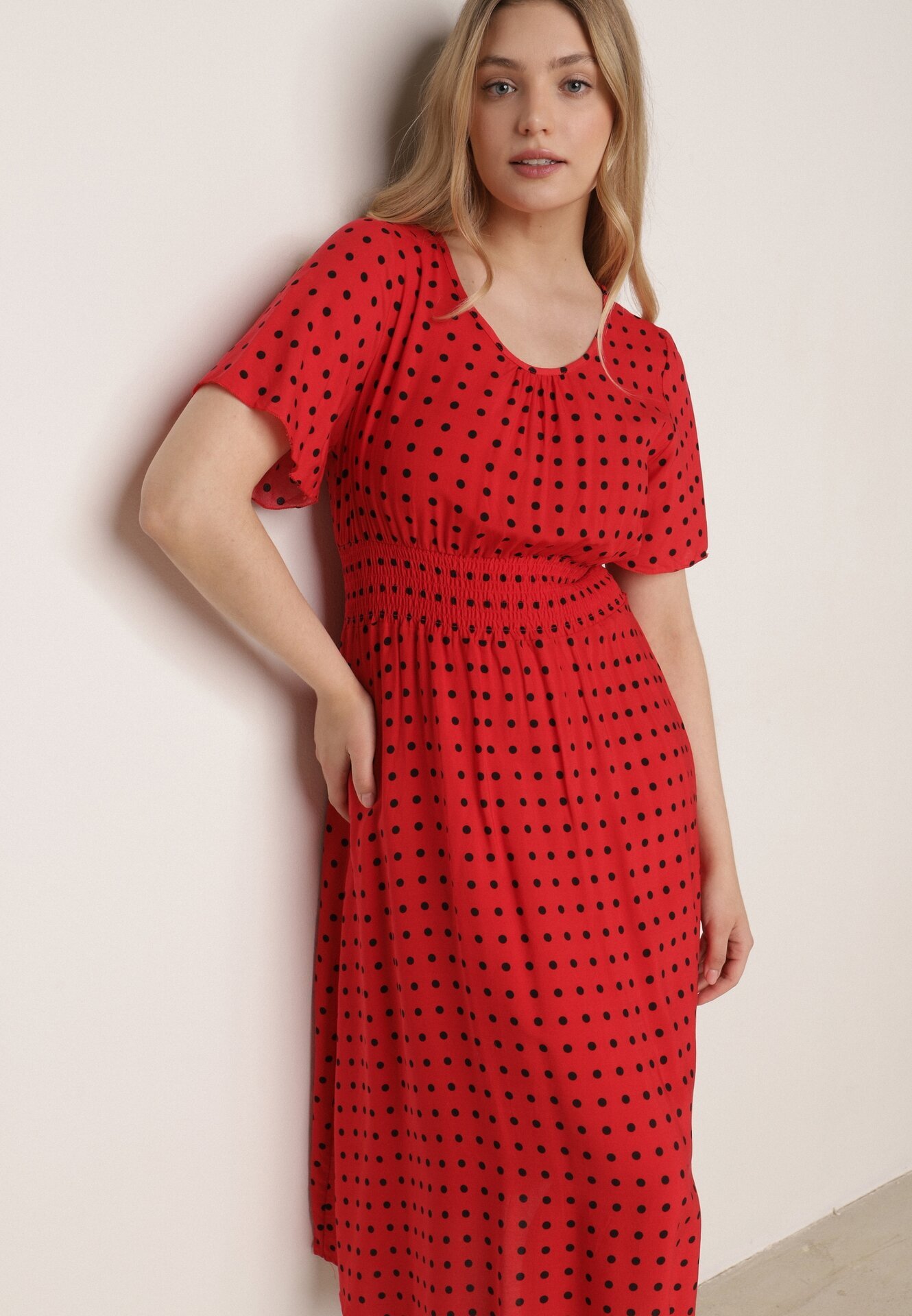 defox Rochie Roșie din Bumbac Cloche cu buline Toliennea