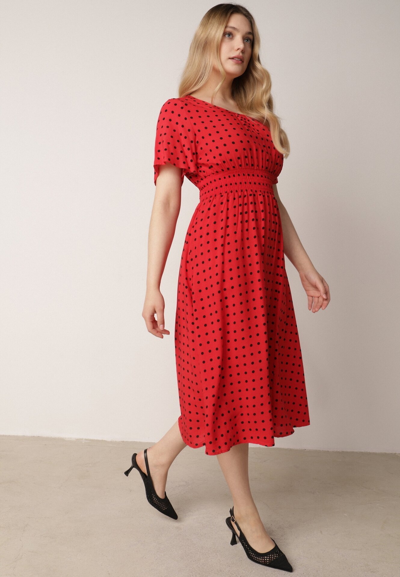 defox Rochie Roșie din Bumbac Cloche cu buline Toliennea