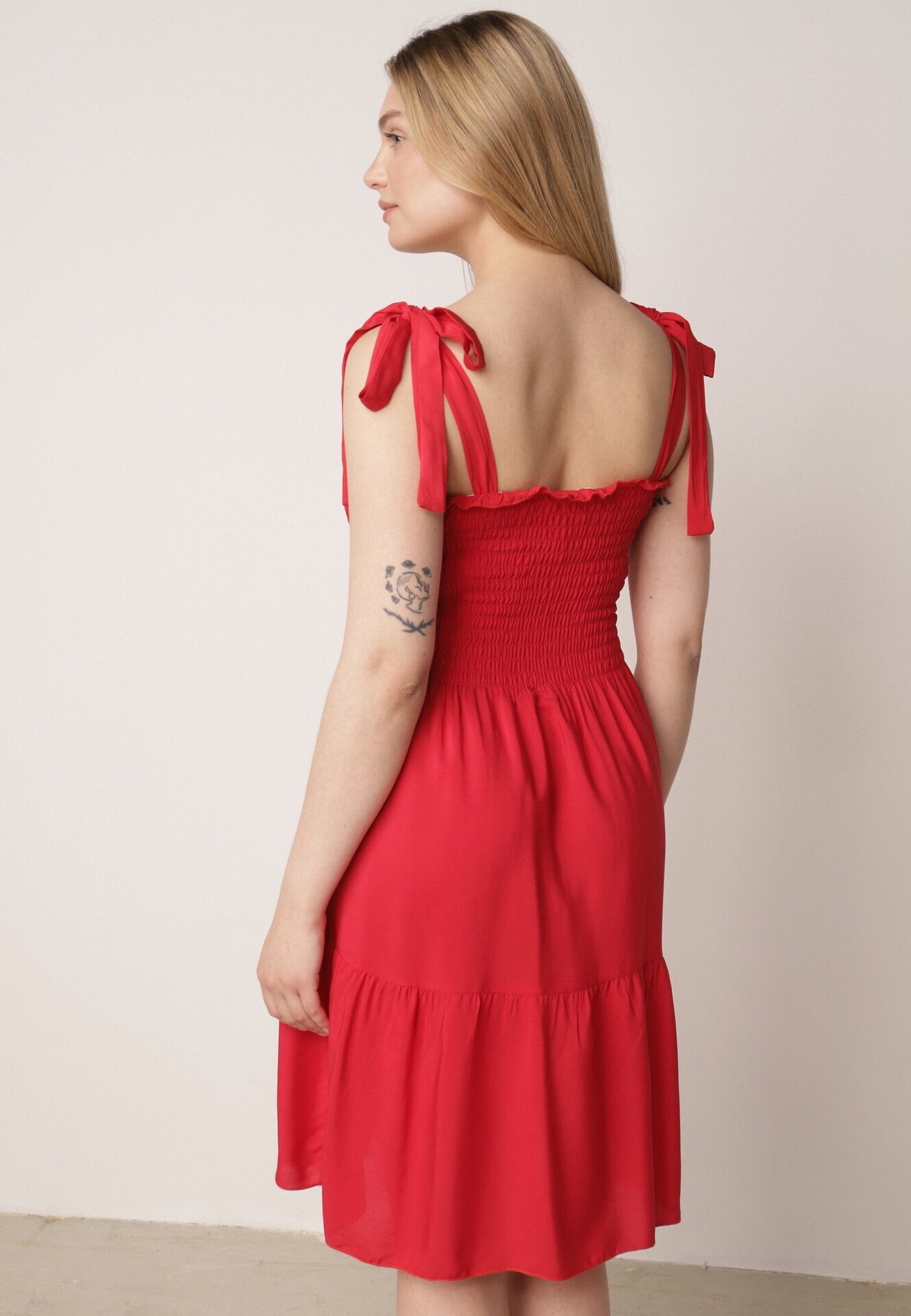 defox Rochie Roșie Din Bumbac cu Top Elastic și Bretele de Legat Tolimea