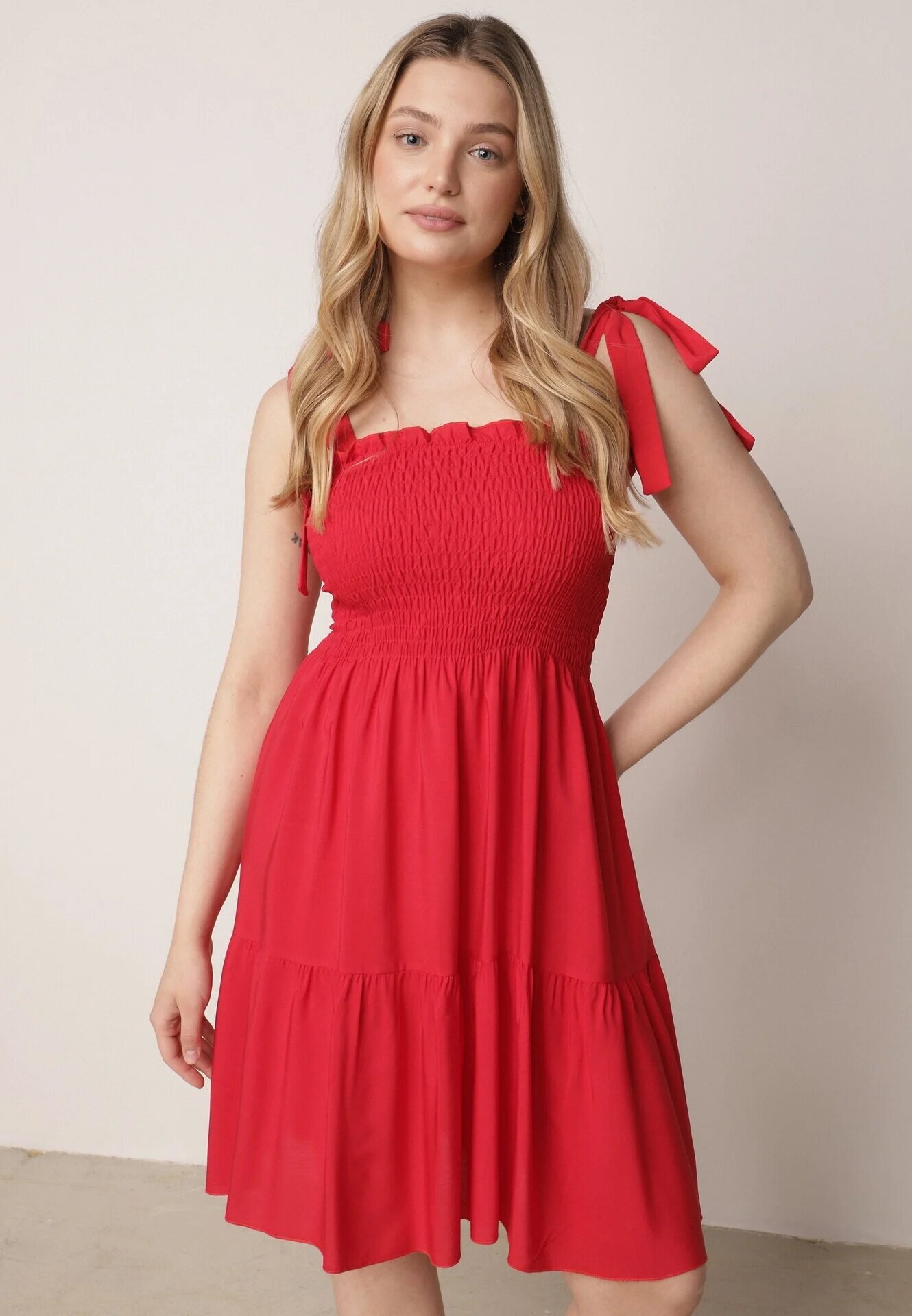 defox Rochie Roșie Din Bumbac cu Top Elastic și Bretele de Legat Tolimea