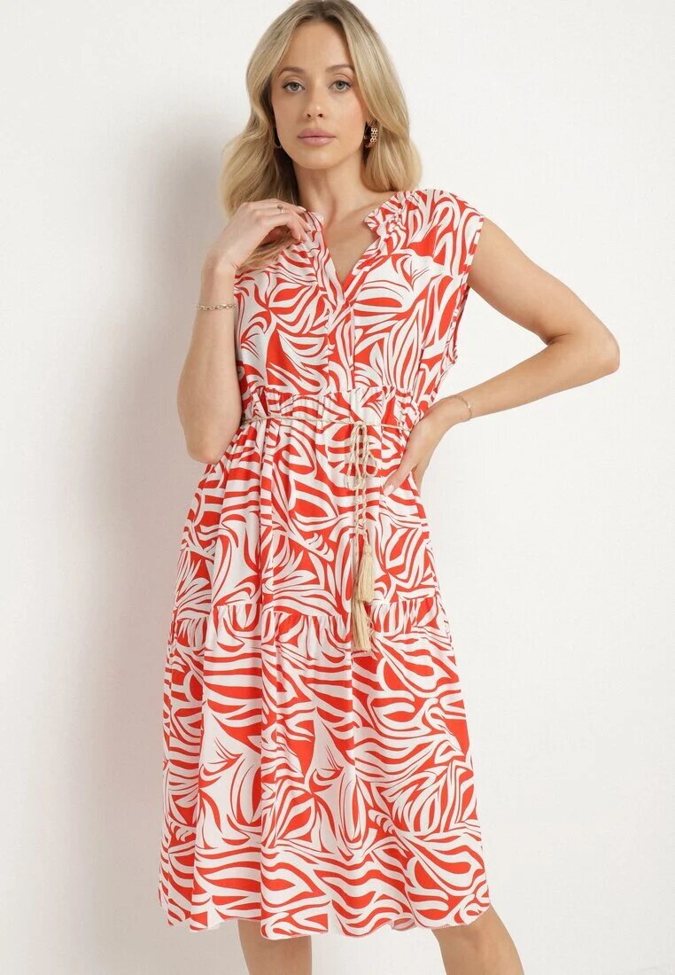 defox Rochie Roșie Evazată din bumbac cu model geometric Annivaria