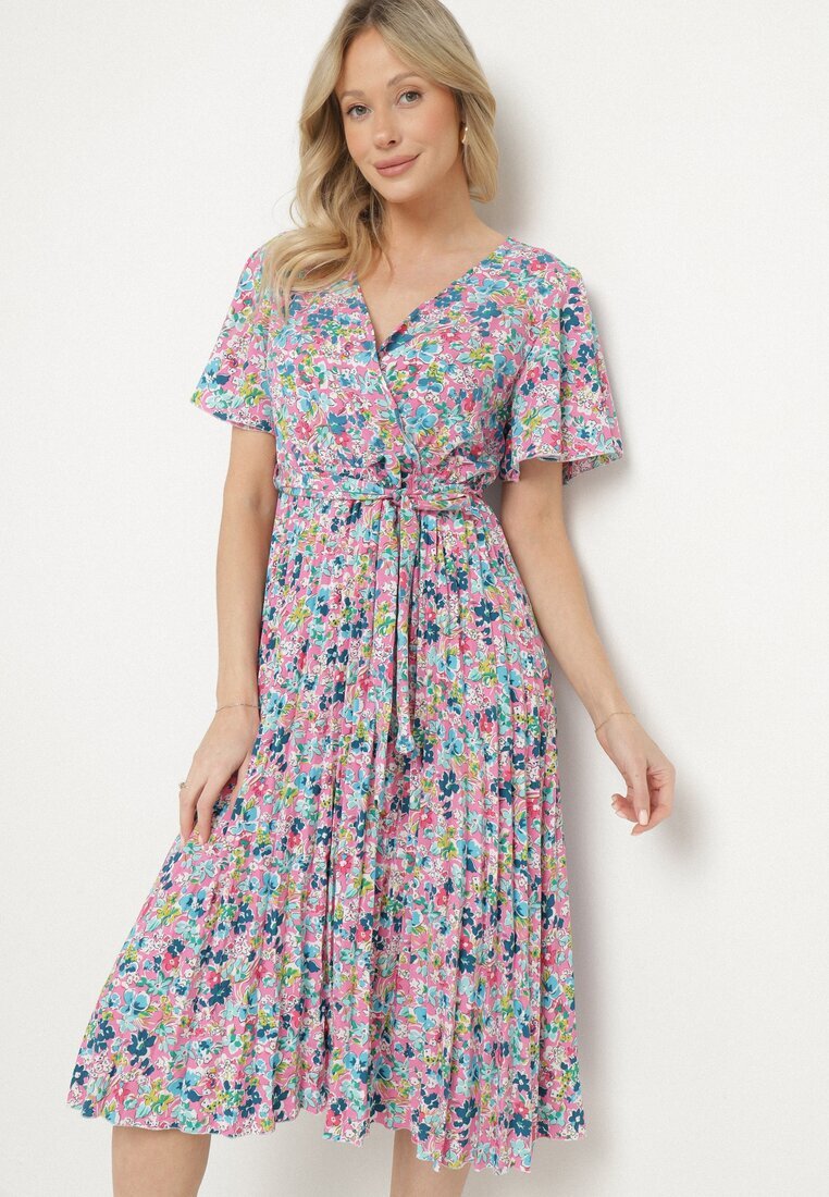 defox Rochie Roz Cloche Pliată Florală cu Decolteu Petrecut Lanasira