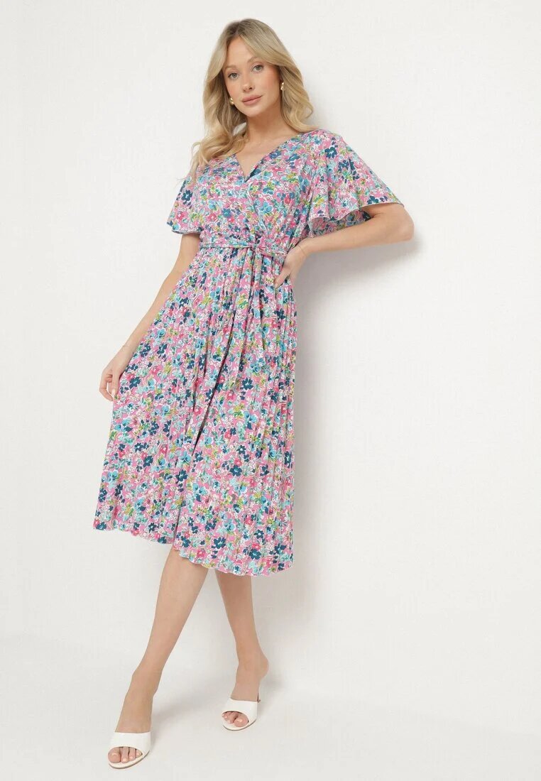 defox Rochie Roz Cloche Pliată Florală cu Decolteu Petrecut Lanasira