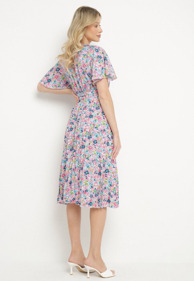 defox Rochie Roz Cloche Pliată Florală cu Decolteu Petrecut Lanasira