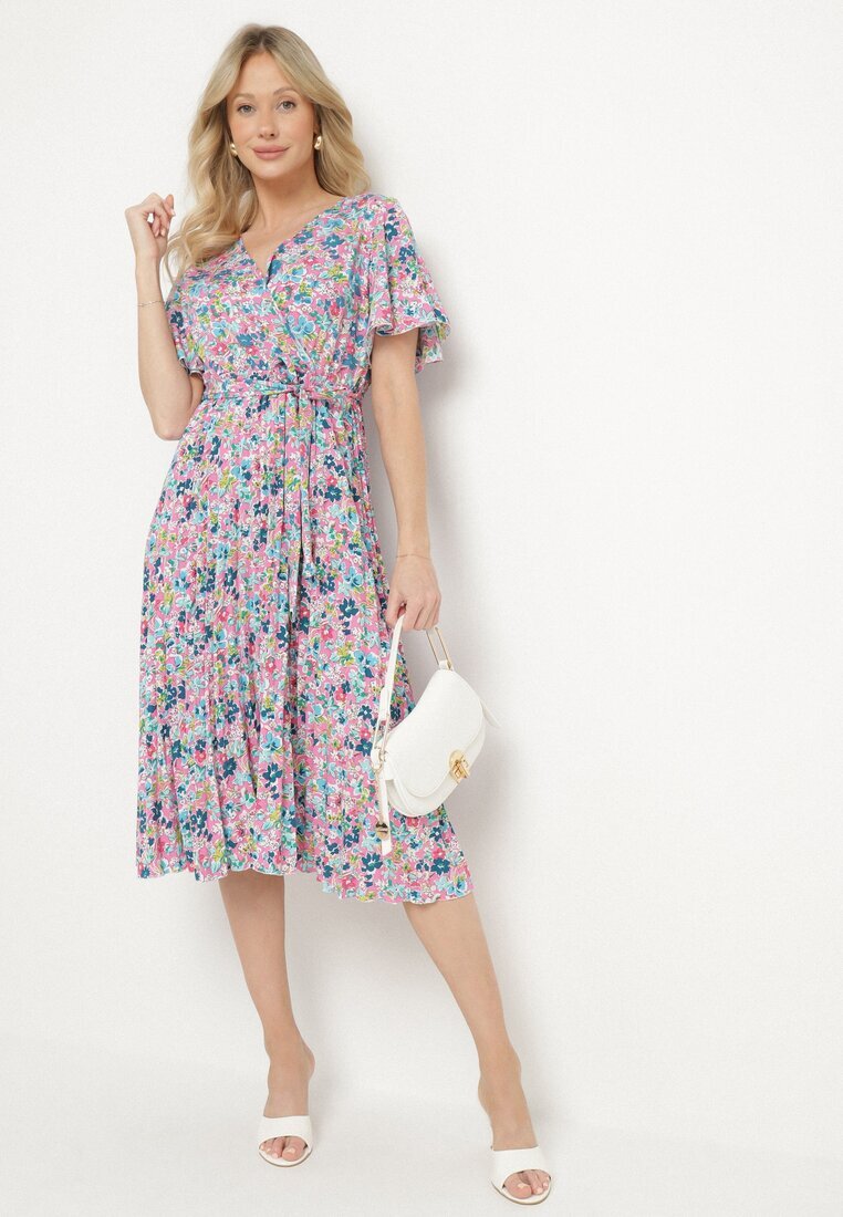 defox Rochie Roz Cloche Pliată Florală cu Decolteu Petrecut Lanasira