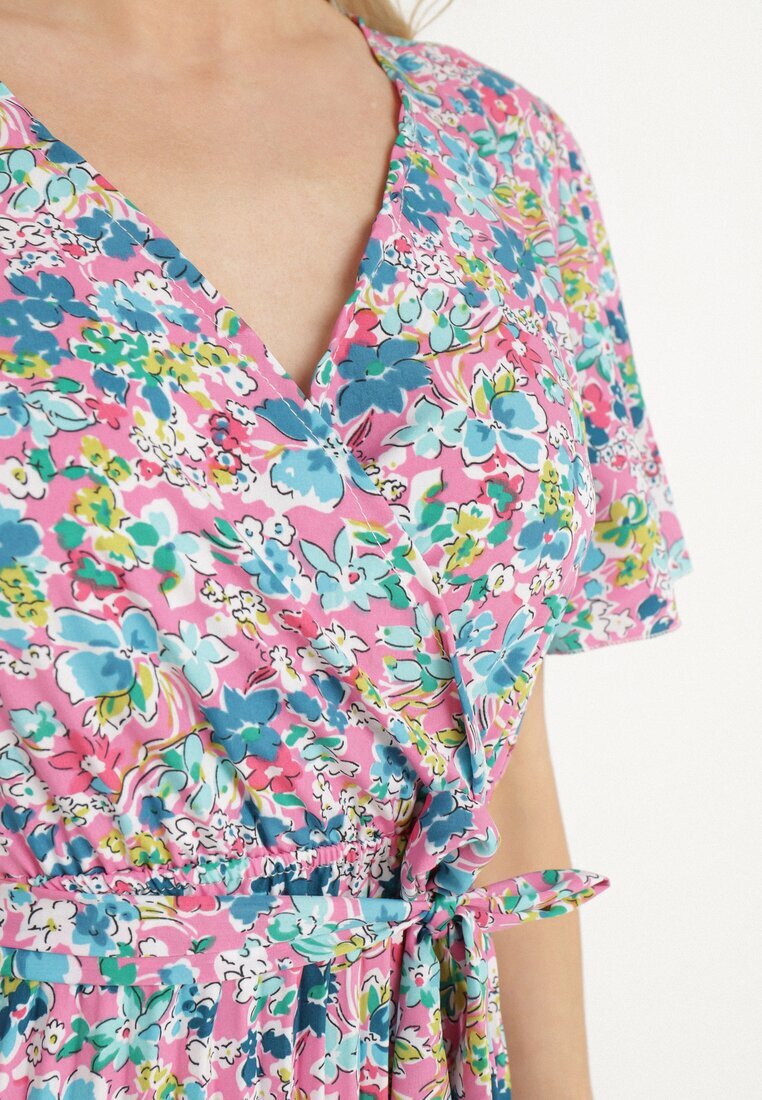 defox Rochie Roz Cloche Pliată Florală cu Decolteu Petrecut Lanasira