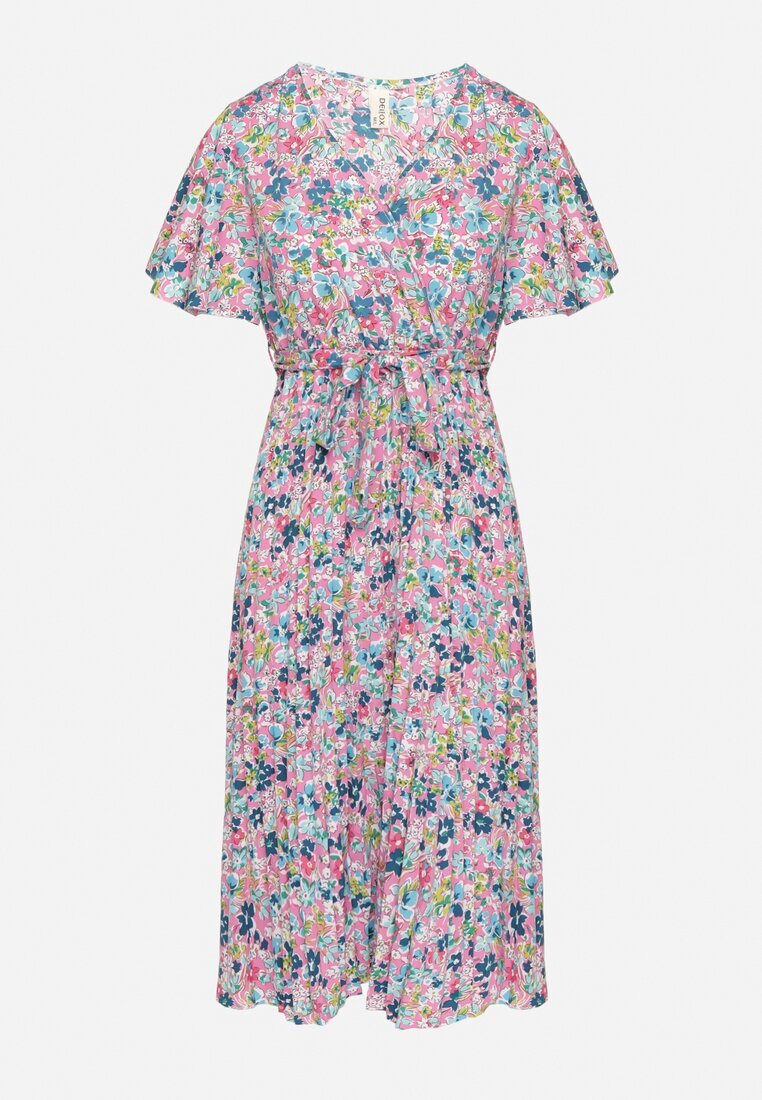 defox Rochie Roz Cloche Pliată Florală cu Decolteu Petrecut Lanasira