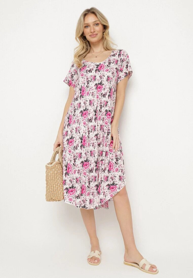 defox Rochie Roz din bumbac cu tiv asimetric cu flori Nativienne