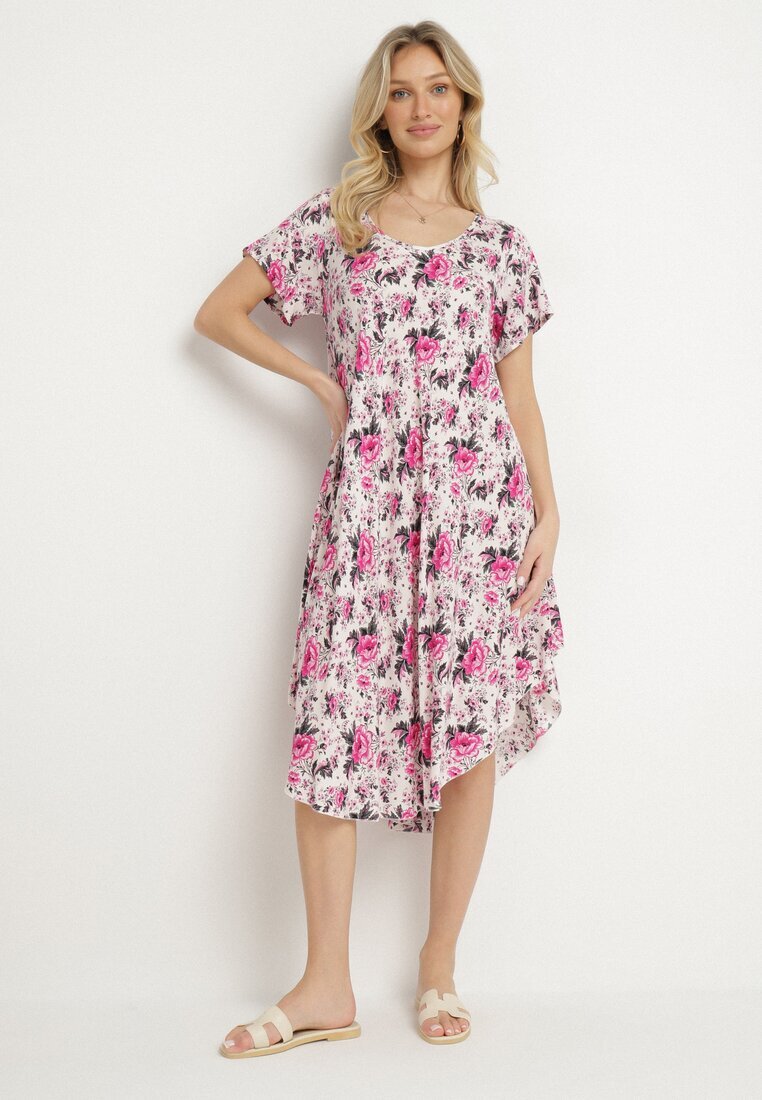 defox Rochie Roz din bumbac cu tiv asimetric cu flori Nativienne