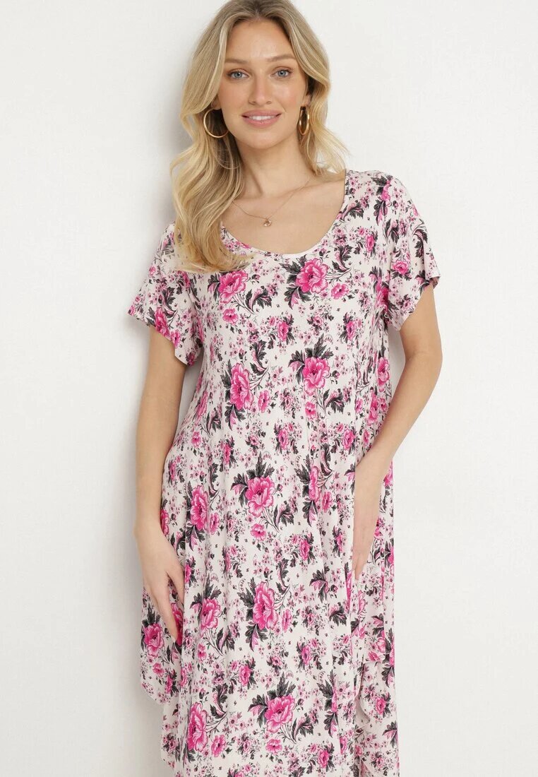 defox Rochie Roz din bumbac cu tiv asimetric cu flori Nativienne