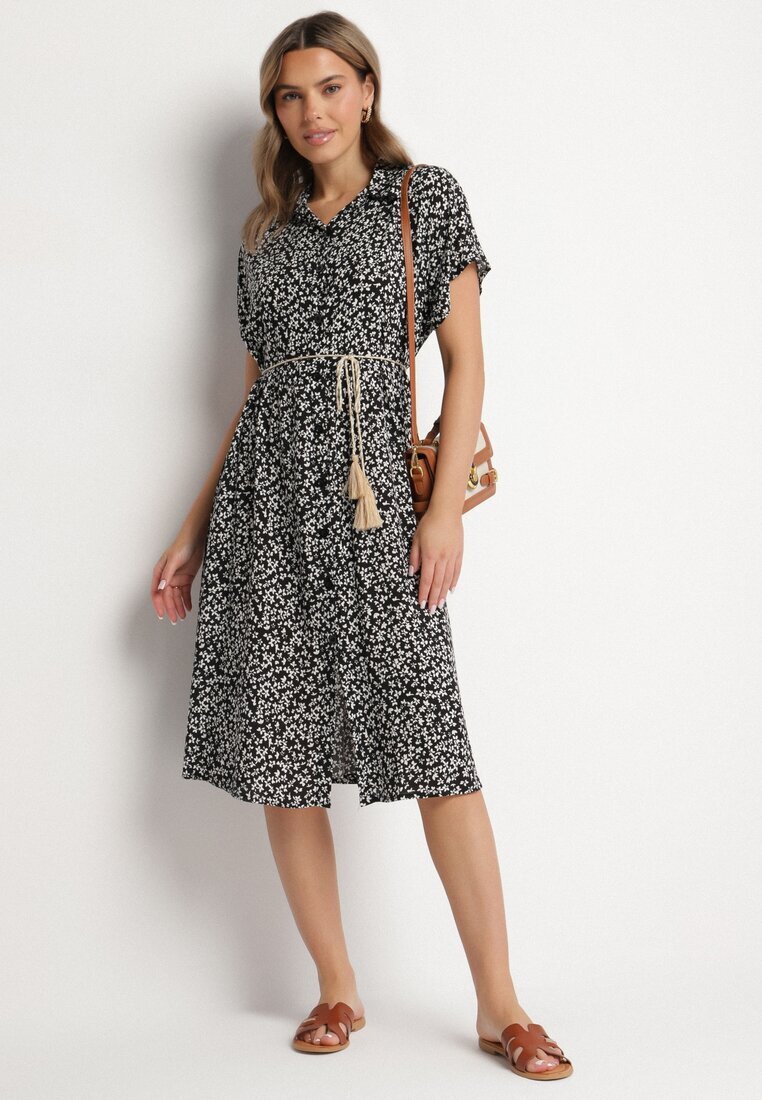 defox Rochie tip Cămașă din Bumbac Negru-Alb cu Imprimeu Floral cu Fustă Cloș Jerilsa