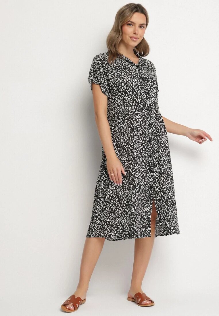 defox Rochie tip Cămașă din Bumbac Negru-Alb cu Imprimeu Floral cu Fustă Cloș Jerilsa