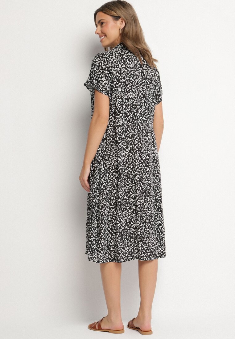 defox Rochie tip Cămașă din Bumbac Negru-Alb cu Imprimeu Floral cu Fustă Cloș Jerilsa