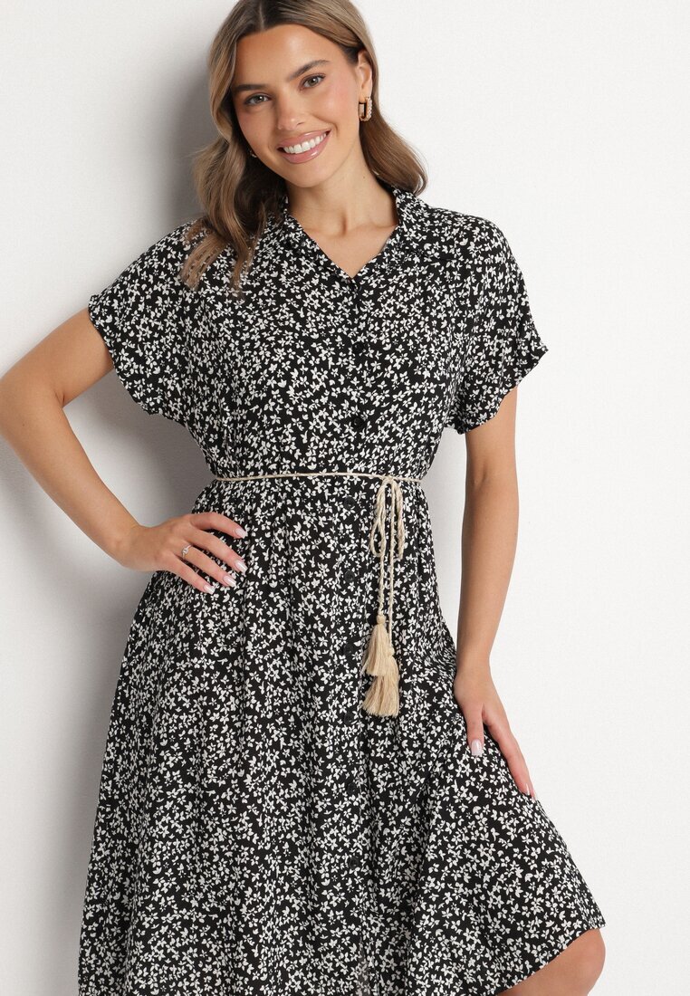 defox Rochie tip Cămașă din Bumbac Negru-Alb cu Imprimeu Floral cu Fustă Cloș Jerilsa