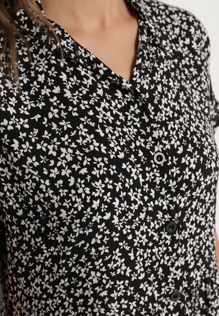 defox Rochie tip Cămașă din Bumbac Negru-Alb cu Imprimeu Floral cu Fustă Cloș Jerilsa