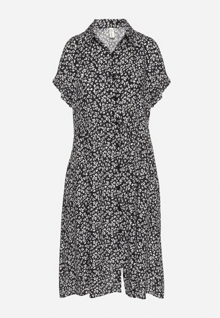 defox Rochie tip Cămașă din Bumbac Negru-Alb cu Imprimeu Floral cu Fustă Cloș Jerilsa