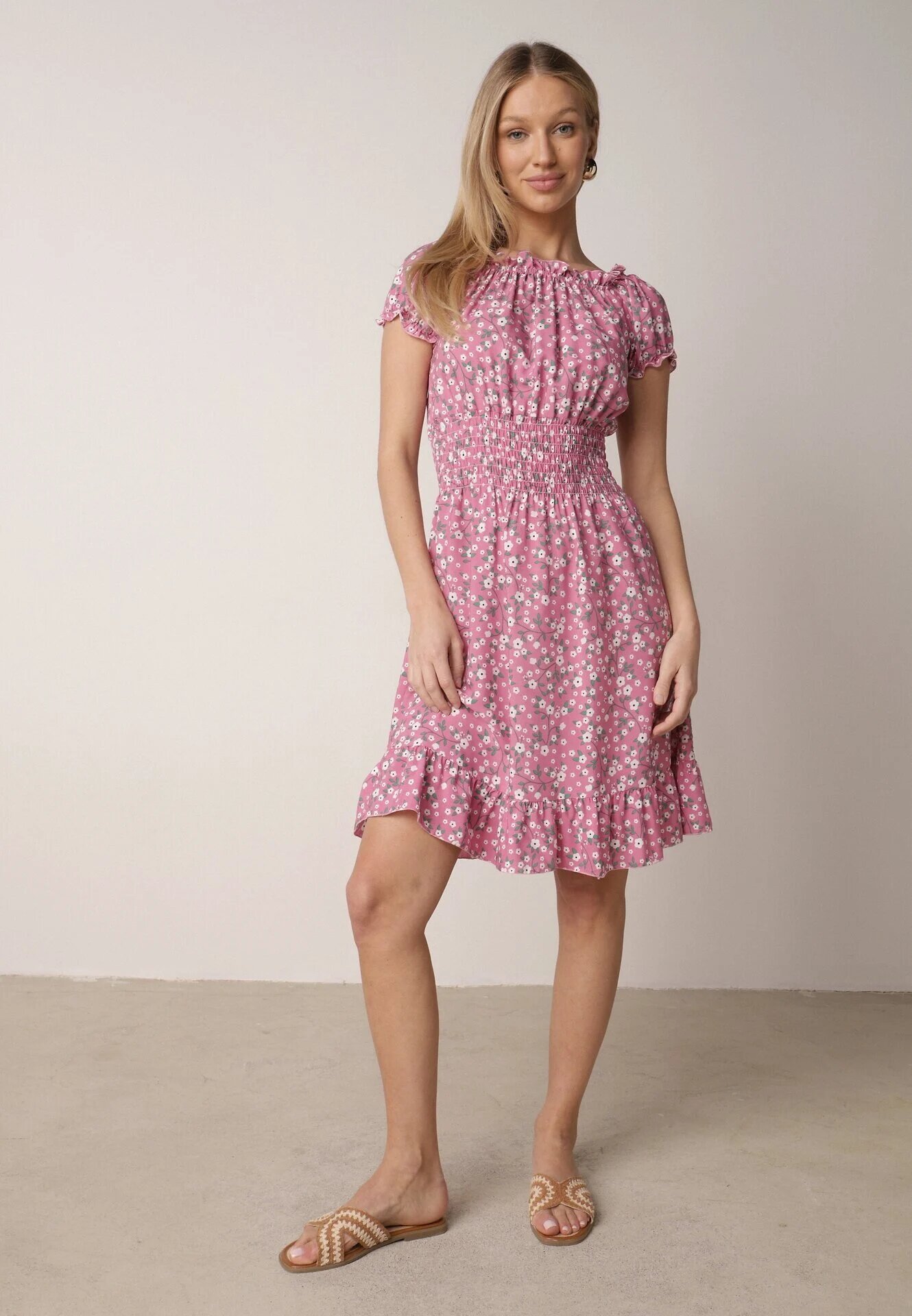 defox Rochie tip spaniolă Roz din bumbac florală cu elastic încrețit în talie Rosaliya