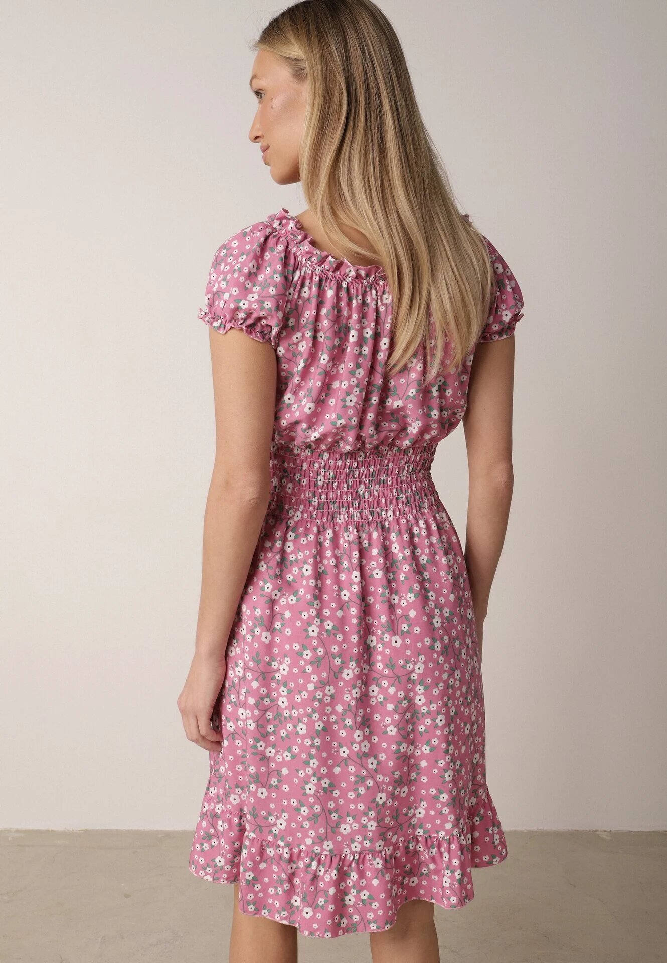 defox Rochie tip spaniolă Roz din bumbac florală cu elastic încrețit în talie Rosaliya