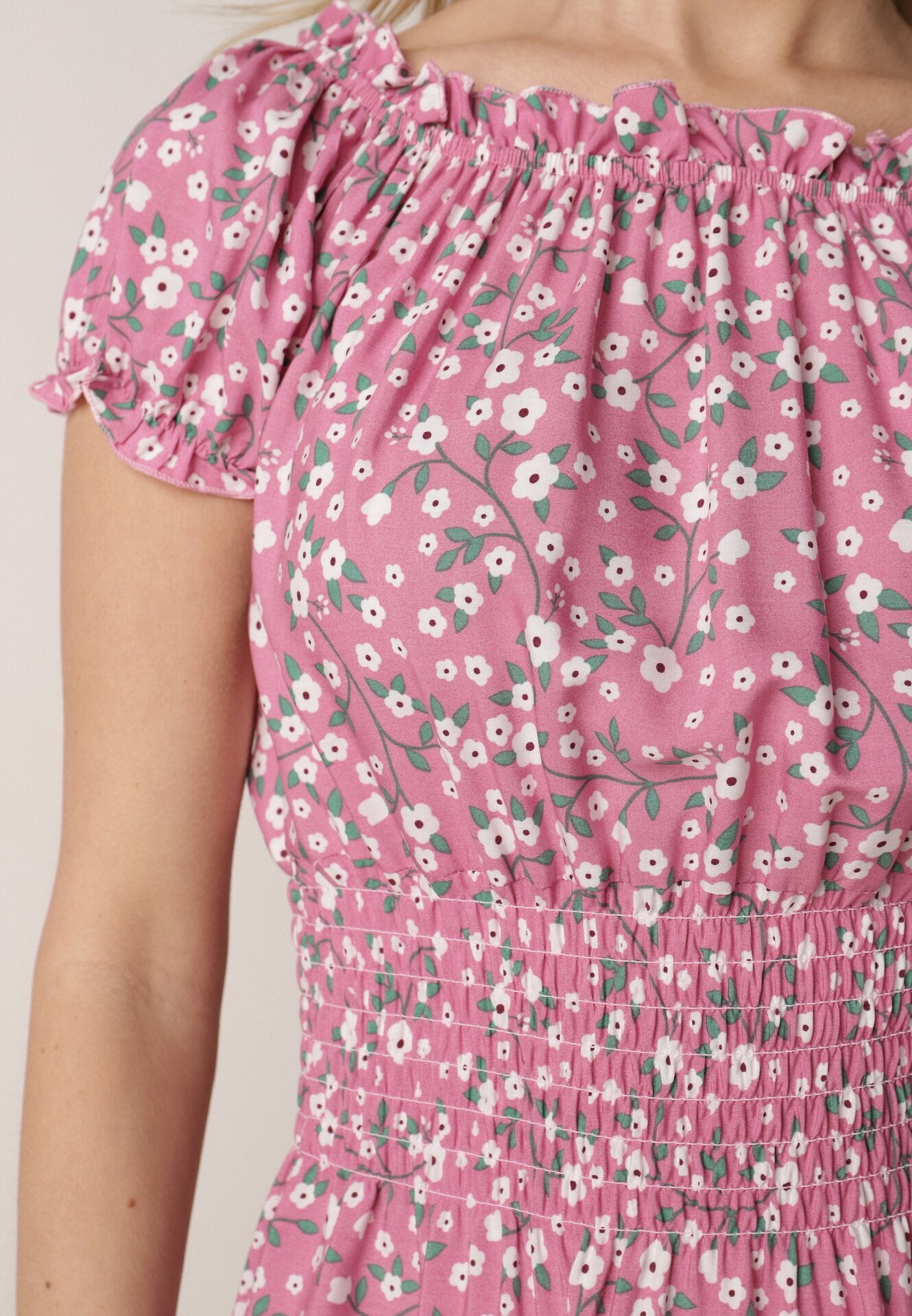 defox Rochie tip spaniolă Roz din bumbac florală cu elastic încrețit în talie Rosaliya