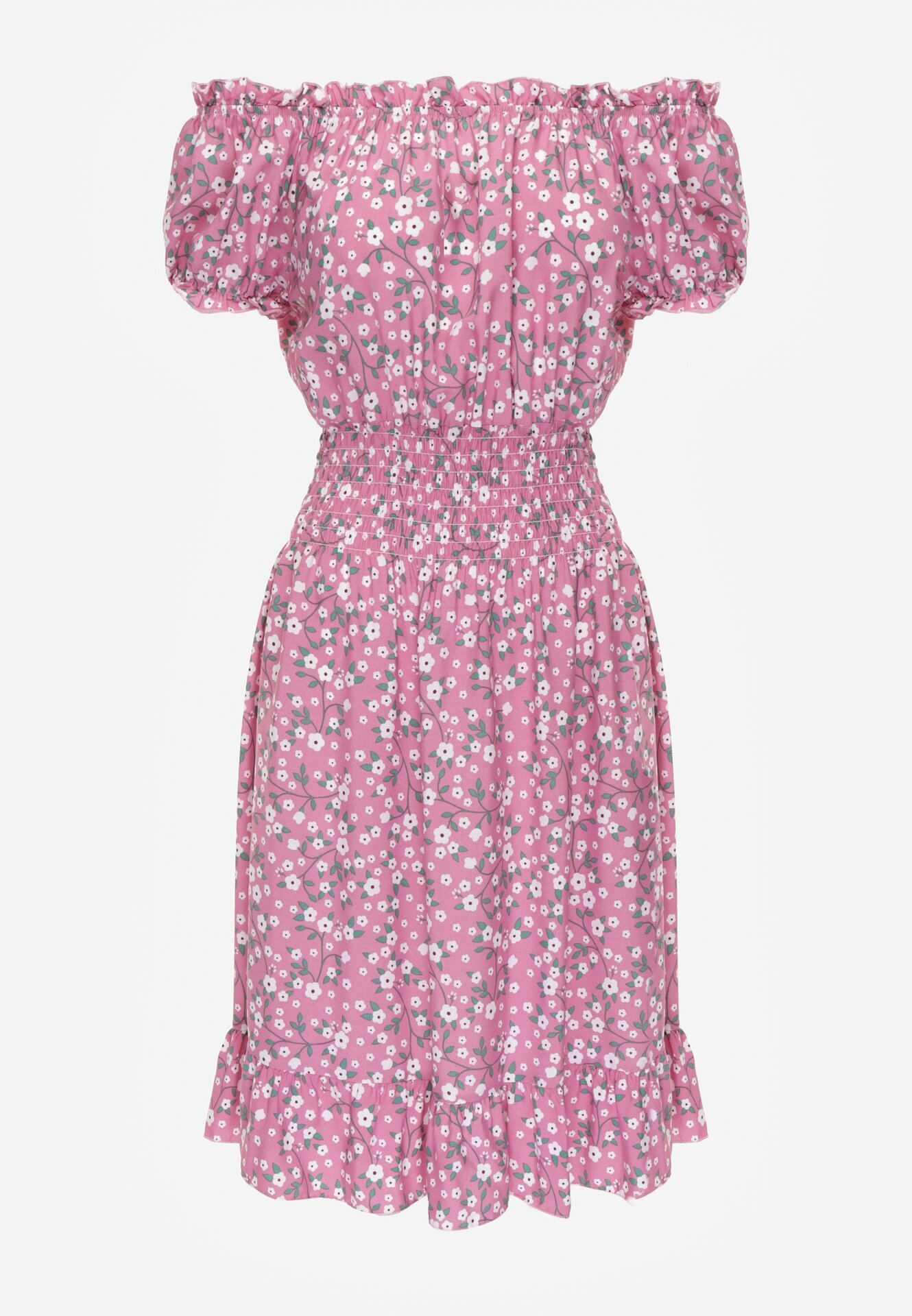 defox Rochie tip spaniolă Roz din bumbac florală cu elastic încrețit în talie Rosaliya